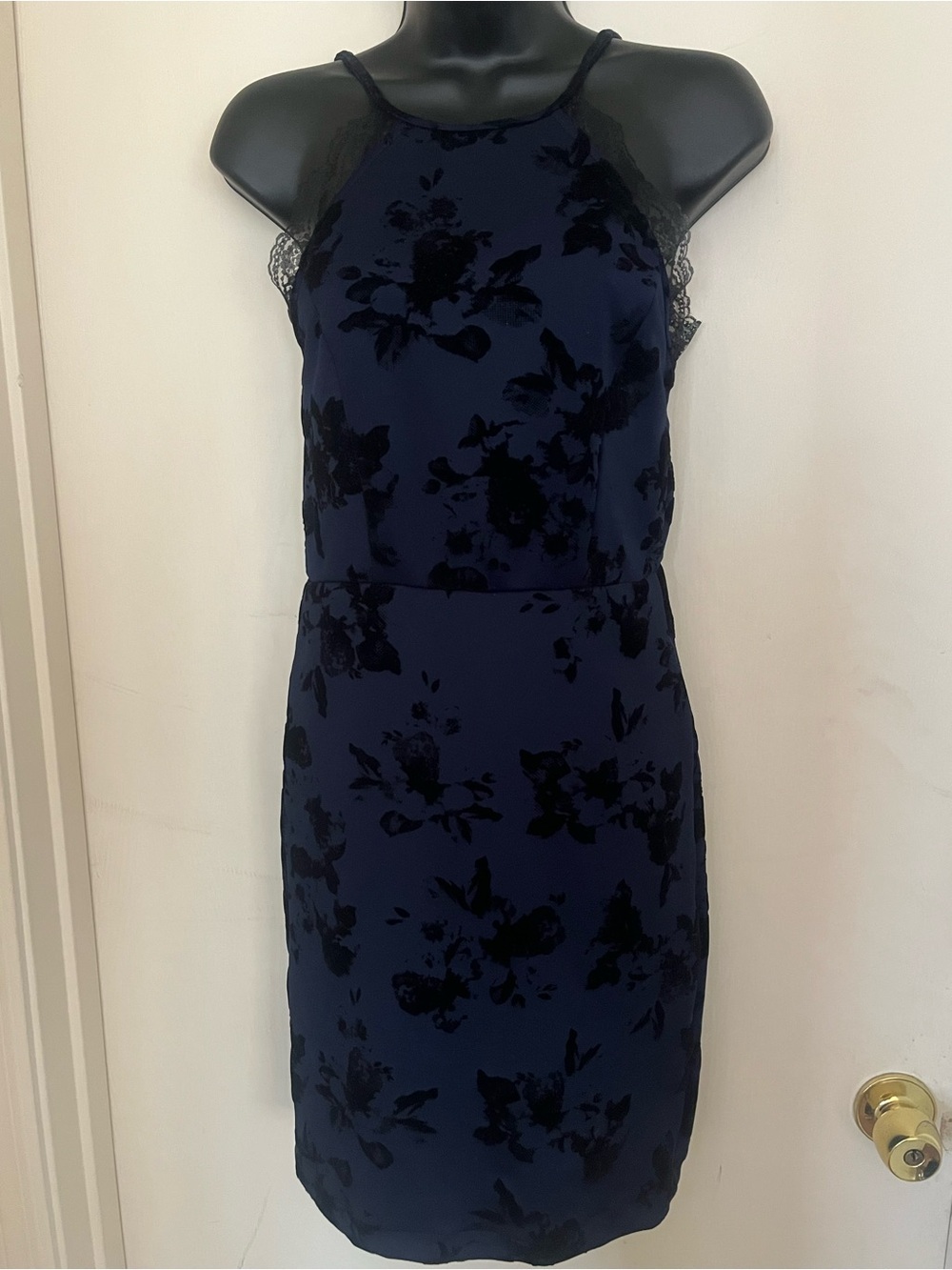 Windsor Navy Dress with Black Floral Burnout Lace Trim